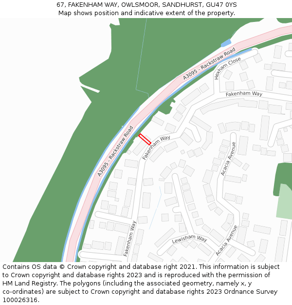 67, FAKENHAM WAY, OWLSMOOR, SANDHURST, GU47 0YS: Location map and indicative extent of plot