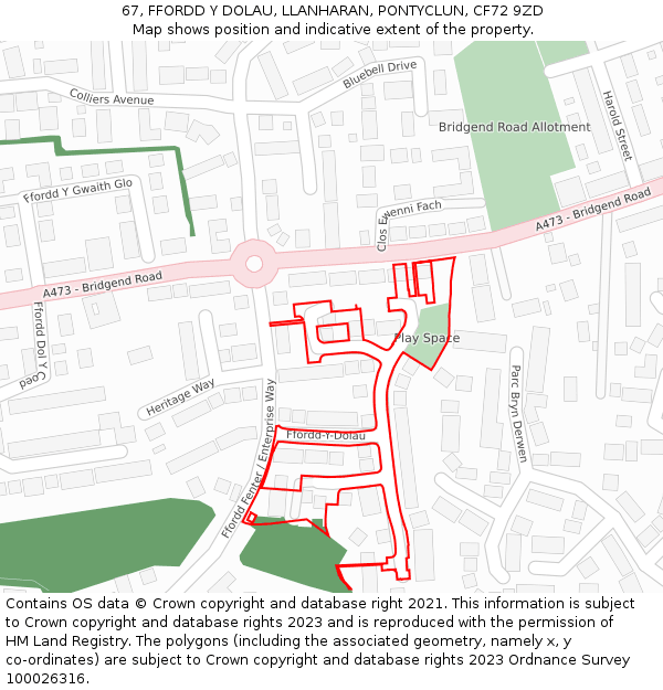 67, FFORDD Y DOLAU, LLANHARAN, PONTYCLUN, CF72 9ZD: Location map and indicative extent of plot