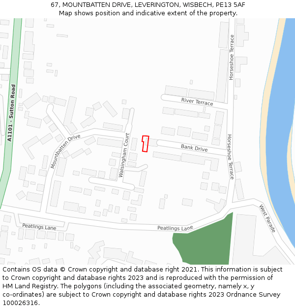 67, MOUNTBATTEN DRIVE, LEVERINGTON, WISBECH, PE13 5AF: Location map and indicative extent of plot