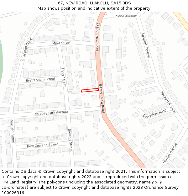 67, NEW ROAD, LLANELLI, SA15 3DS: Location map and indicative extent of plot