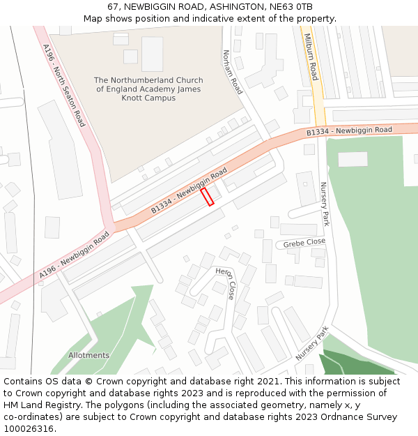 67, NEWBIGGIN ROAD, ASHINGTON, NE63 0TB: Location map and indicative extent of plot