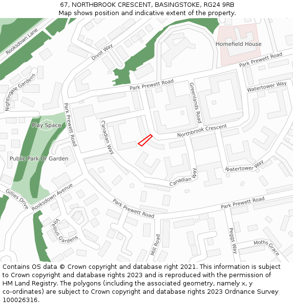 67, NORTHBROOK CRESCENT, BASINGSTOKE, RG24 9RB: Location map and indicative extent of plot