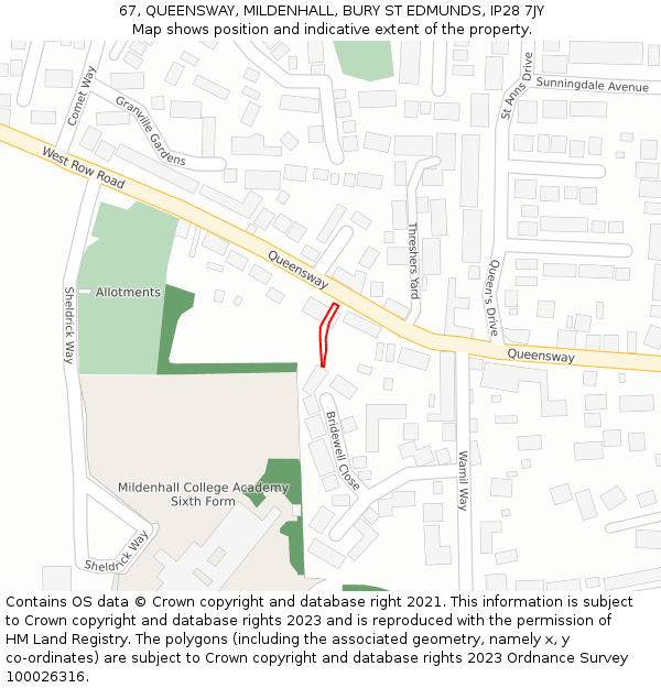 67, QUEENSWAY, MILDENHALL, BURY ST EDMUNDS, IP28 7JY: Location map and indicative extent of plot