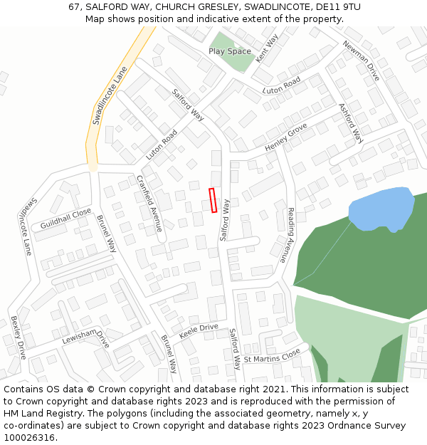 67, SALFORD WAY, CHURCH GRESLEY, SWADLINCOTE, DE11 9TU: Location map and indicative extent of plot