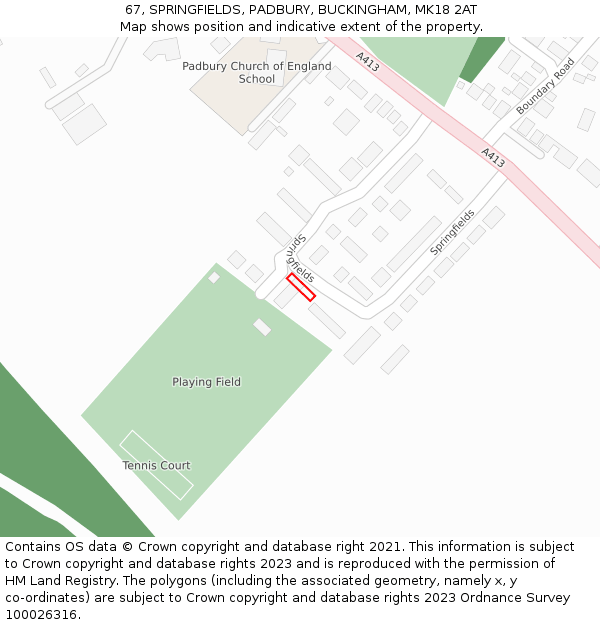 67, SPRINGFIELDS, PADBURY, BUCKINGHAM, MK18 2AT: Location map and indicative extent of plot