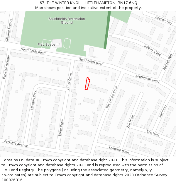 67, THE WINTER KNOLL, LITTLEHAMPTON, BN17 6NQ: Location map and indicative extent of plot