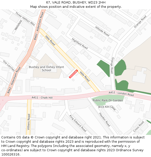 67, VALE ROAD, BUSHEY, WD23 2HH: Location map and indicative extent of plot