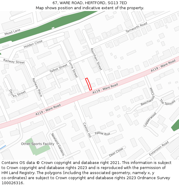 67, WARE ROAD, HERTFORD, SG13 7ED: Location map and indicative extent of plot