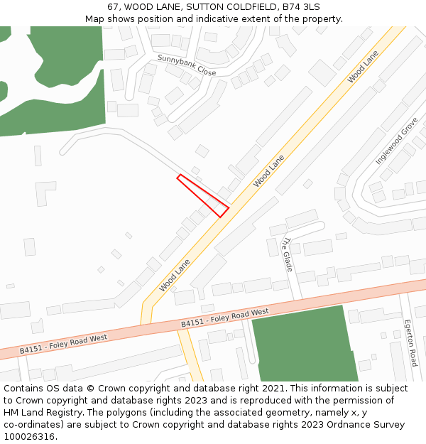 67, WOOD LANE, SUTTON COLDFIELD, B74 3LS: Location map and indicative extent of plot