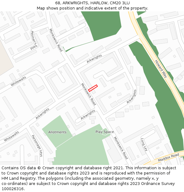 68, ARKWRIGHTS, HARLOW, CM20 3LU: Location map and indicative extent of plot