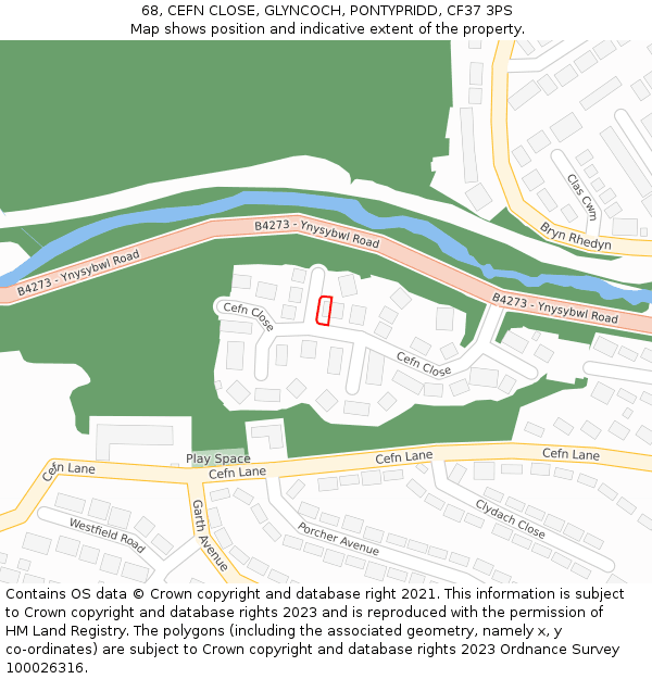68, CEFN CLOSE, GLYNCOCH, PONTYPRIDD, CF37 3PS: Location map and indicative extent of plot