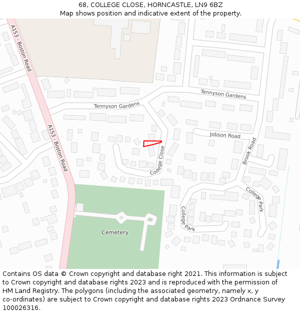 68, COLLEGE CLOSE, HORNCASTLE, LN9 6BZ: Location map and indicative extent of plot