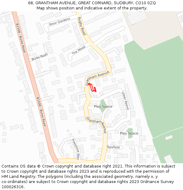 68, GRANTHAM AVENUE, GREAT CORNARD, SUDBURY, CO10 0ZQ: Location map and indicative extent of plot