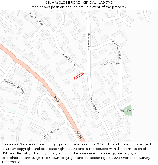 68, HAYCLOSE ROAD, KENDAL, LA9 7ND: Location map and indicative extent of plot