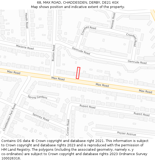 68, MAX ROAD, CHADDESDEN, DERBY, DE21 4GX: Location map and indicative extent of plot