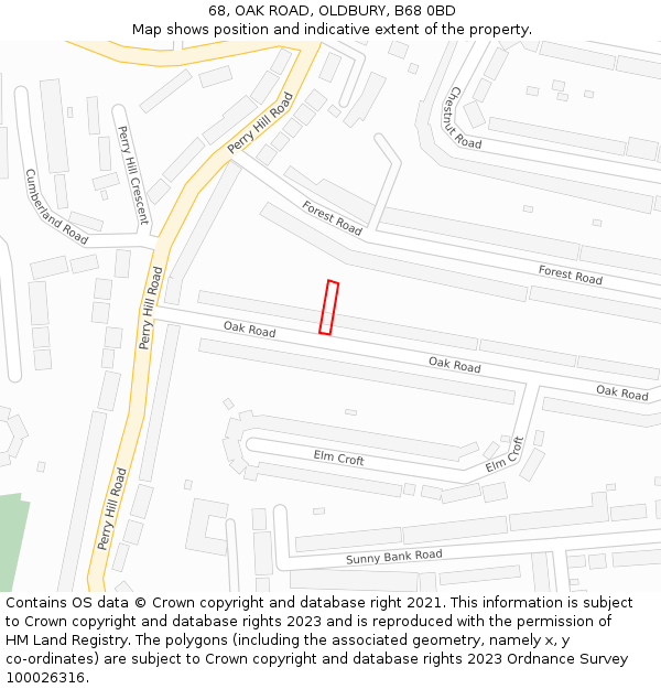 68, OAK ROAD, OLDBURY, B68 0BD: Location map and indicative extent of plot