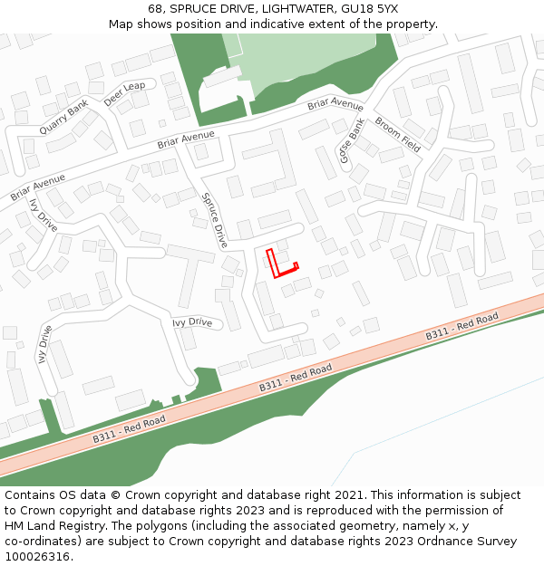 68, SPRUCE DRIVE, LIGHTWATER, GU18 5YX: Location map and indicative extent of plot