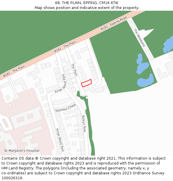 68, THE PLAIN, EPPING, CM16 6TW: Location map and indicative extent of plot