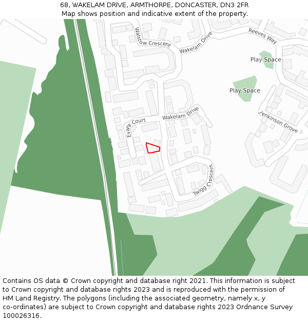 68, WAKELAM DRIVE, ARMTHORPE, DONCASTER, DN3 2FR: Location map and indicative extent of plot