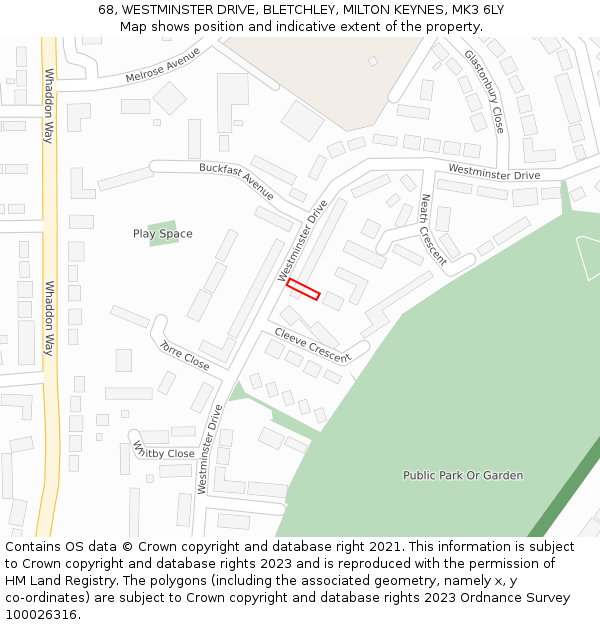 68, WESTMINSTER DRIVE, BLETCHLEY, MILTON KEYNES, MK3 6LY: Location map and indicative extent of plot