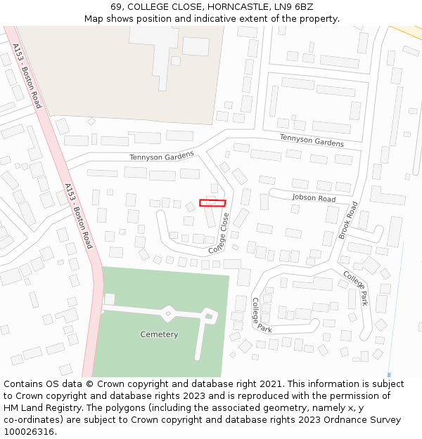 69, COLLEGE CLOSE, HORNCASTLE, LN9 6BZ: Location map and indicative extent of plot
