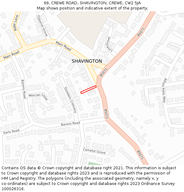 69, CREWE ROAD, SHAVINGTON, CREWE, CW2 5JA: Location map and indicative extent of plot