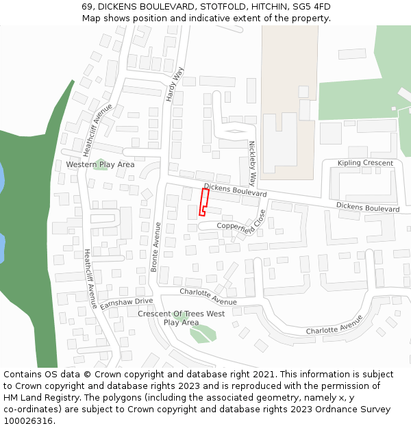 69, DICKENS BOULEVARD, STOTFOLD, HITCHIN, SG5 4FD: Location map and indicative extent of plot