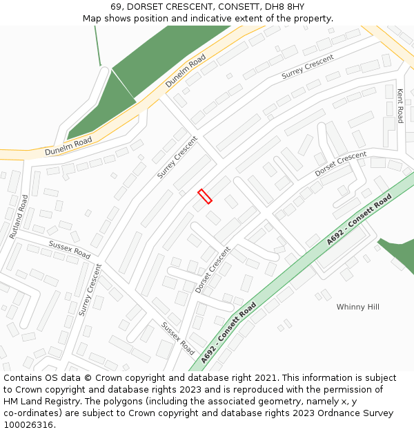 69, DORSET CRESCENT, CONSETT, DH8 8HY: Location map and indicative extent of plot