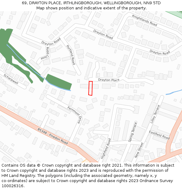 69, DRAYTON PLACE, IRTHLINGBOROUGH, WELLINGBOROUGH, NN9 5TD: Location map and indicative extent of plot