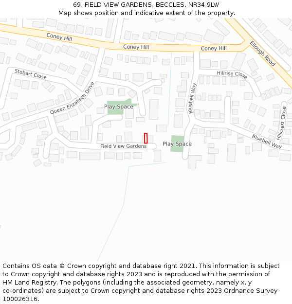 69, FIELD VIEW GARDENS, BECCLES, NR34 9LW: Location map and indicative extent of plot