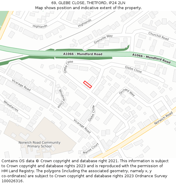 69, GLEBE CLOSE, THETFORD, IP24 2LN: Location map and indicative extent of plot