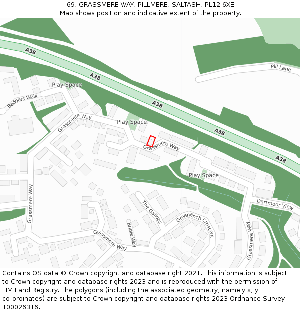 69, GRASSMERE WAY, PILLMERE, SALTASH, PL12 6XE: Location map and indicative extent of plot