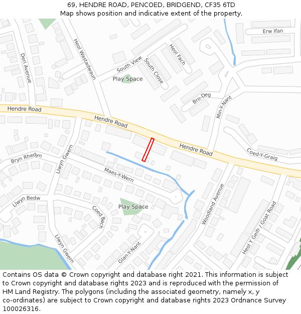 69, HENDRE ROAD, PENCOED, BRIDGEND, CF35 6TD: Location map and indicative extent of plot
