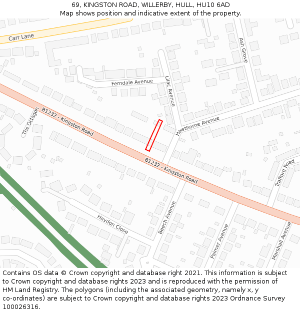69, KINGSTON ROAD, WILLERBY, HULL, HU10 6AD: Location map and indicative extent of plot