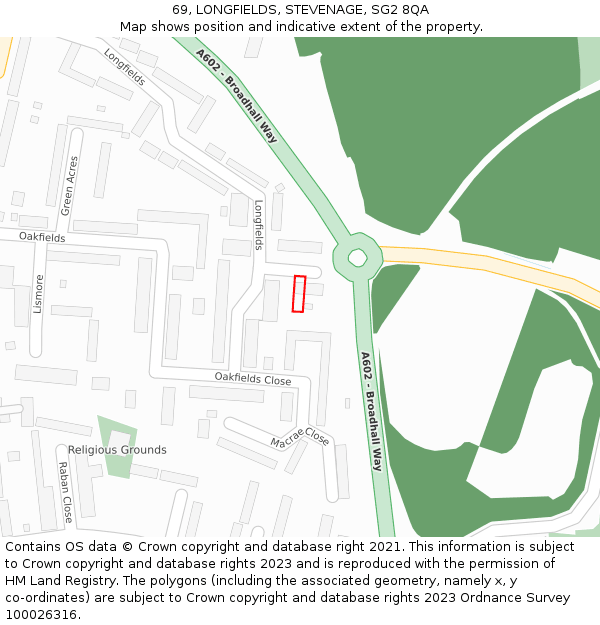 69, LONGFIELDS, STEVENAGE, SG2 8QA: Location map and indicative extent of plot