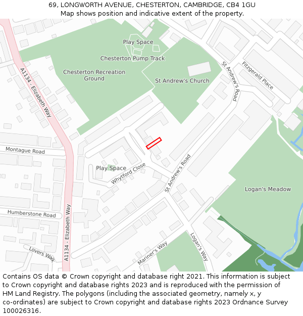 69, LONGWORTH AVENUE, CHESTERTON, CAMBRIDGE, CB4 1GU: Location map and indicative extent of plot