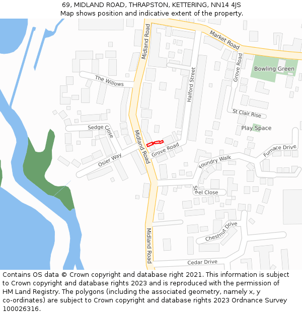 69, MIDLAND ROAD, THRAPSTON, KETTERING, NN14 4JS: Location map and indicative extent of plot