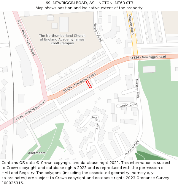 69, NEWBIGGIN ROAD, ASHINGTON, NE63 0TB: Location map and indicative extent of plot