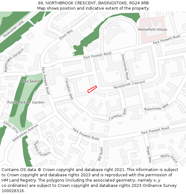 69, NORTHBROOK CRESCENT, BASINGSTOKE, RG24 9RB: Location map and indicative extent of plot
