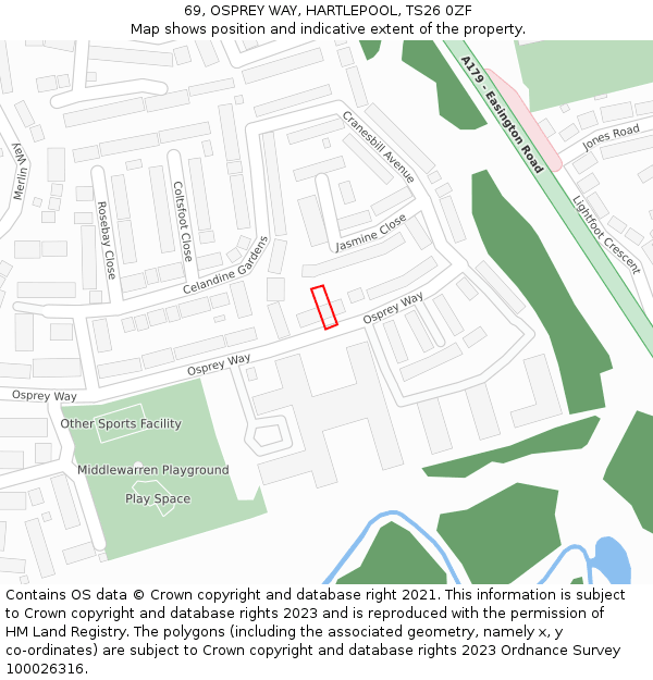 69, OSPREY WAY, HARTLEPOOL, TS26 0ZF: Location map and indicative extent of plot