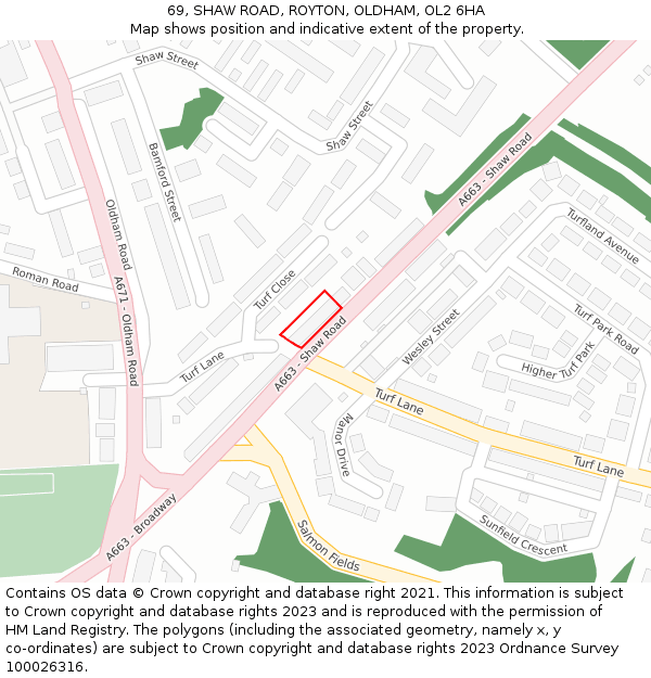 69, SHAW ROAD, ROYTON, OLDHAM, OL2 6HA: Location map and indicative extent of plot