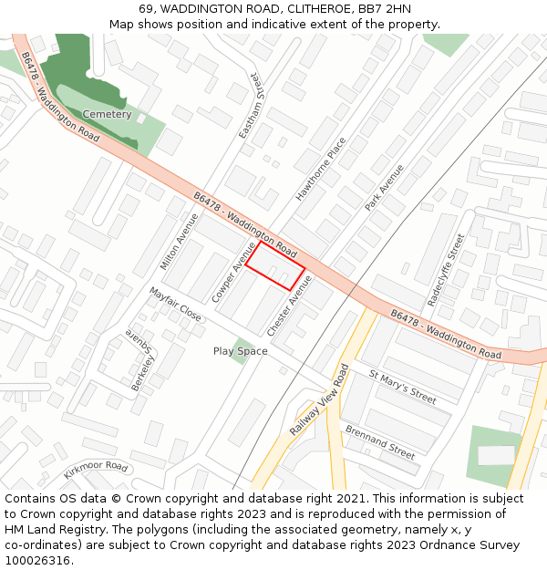 69, WADDINGTON ROAD, CLITHEROE, BB7 2HN: Location map and indicative extent of plot