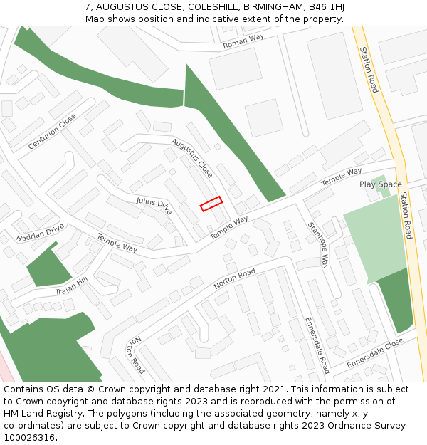 7, AUGUSTUS CLOSE, COLESHILL, BIRMINGHAM, B46 1HJ: Location map and indicative extent of plot