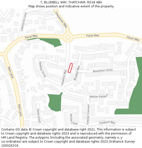 7, BLUEBELL WAY, THATCHAM, RG18 4BX: Location map and indicative extent of plot