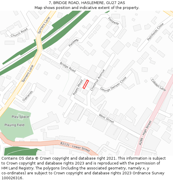 7, BRIDGE ROAD, HASLEMERE, GU27 2AS: Location map and indicative extent of plot