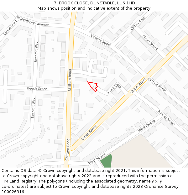7, BROOK CLOSE, DUNSTABLE, LU6 1HD: Location map and indicative extent of plot