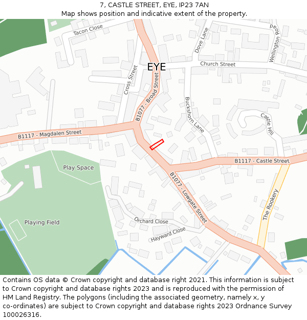 7, CASTLE STREET, EYE, IP23 7AN: Location map and indicative extent of plot