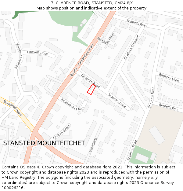 7, CLARENCE ROAD, STANSTED, CM24 8JX: Location map and indicative extent of plot