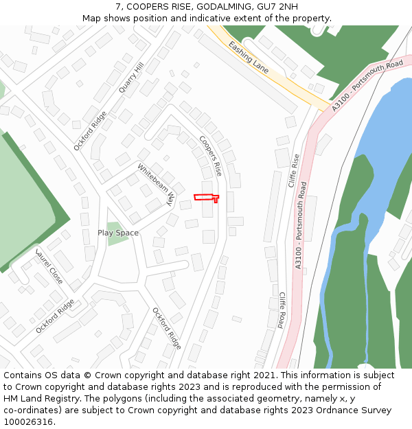 7, COOPERS RISE, GODALMING, GU7 2NH: Location map and indicative extent of plot