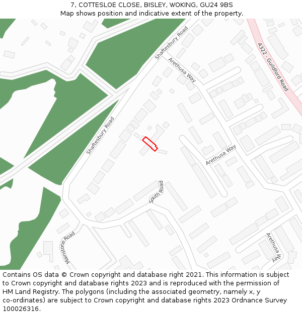 7, COTTESLOE CLOSE, BISLEY, WOKING, GU24 9BS: Location map and indicative extent of plot